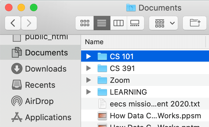 MacOS Finder with Documents folder highlighted, along with a new folder for the course.