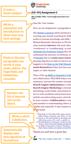 Example assignment with smart subject, salutation, writing, bibliography, valediction, and signature.