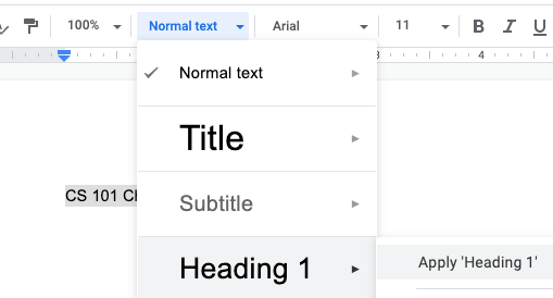 Type the first line of text and apply the Heading 1 style.