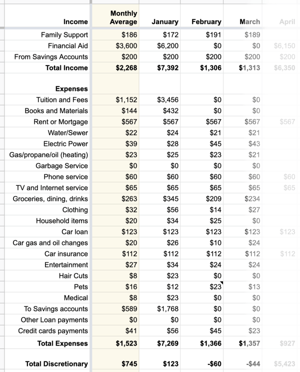 The first 3 months of the year's income and expenses with a discretionary amount.