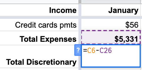 Use math in the cell starting with the sum function then subtracting the total expenses from total income.