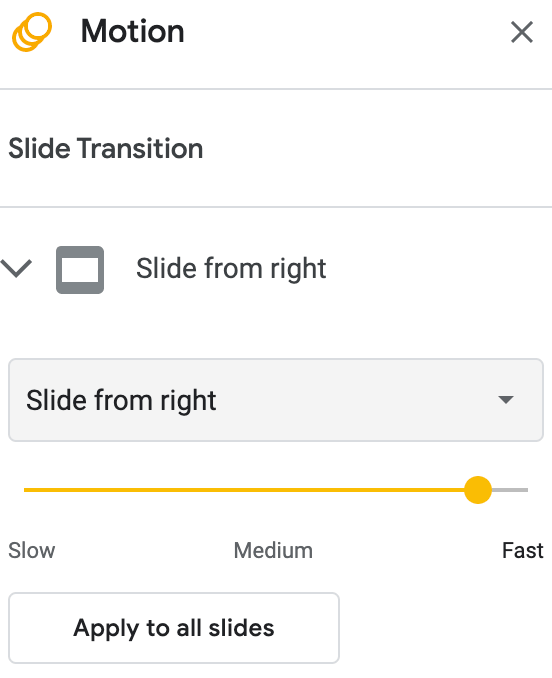 Add a transition to the right, speed it up, and apply to all slides.