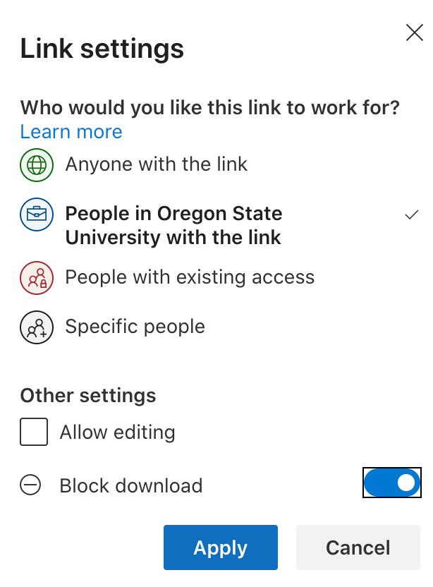 Block editing and downloads when sharing via the OneDrive.