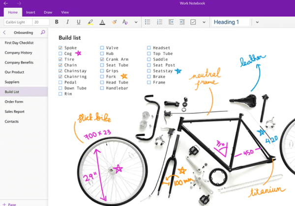 A business uses OneNote to onboard employees with information about the company and products.