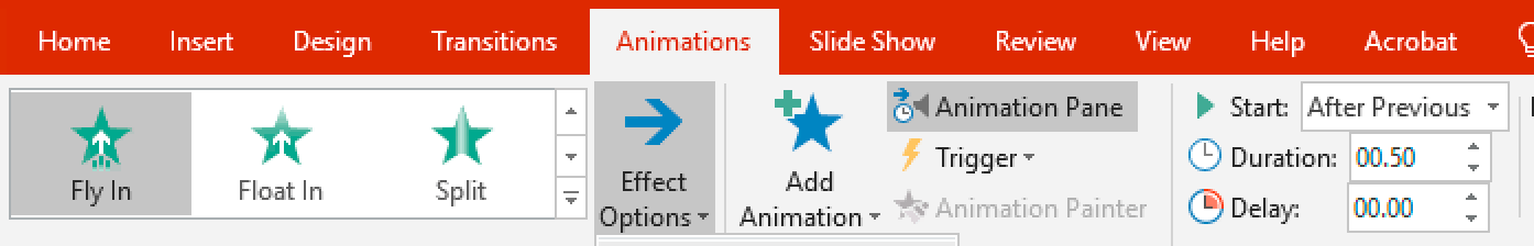 PowerPoint's Animation tab allows objects to move in different directions with effects.