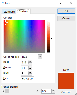 The custom color palette from a Windows version of PowerPoint.