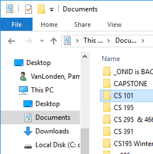 Windows File Explorer with Documents folder highlighted, along with a new folder for the course.