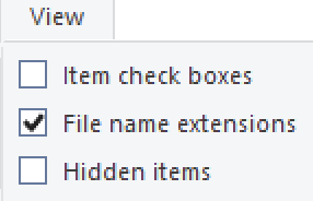 In a File Explorer window, click the View tab and click the File Name Extensions box.