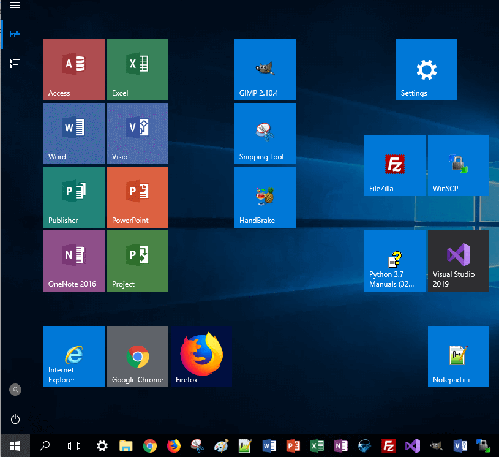 Finished view of the tiles and taskbar arranged by personal prefernence