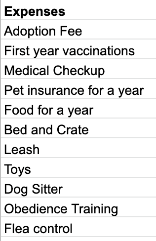 A set of expenses for adopting a pet.